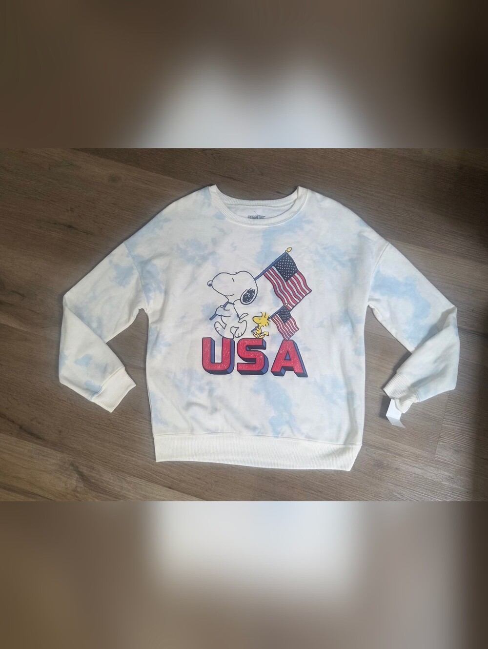 Peanuts White & Light Blue Tie-Dye Snoopy USA Sweatshirt Sz S Bin Z